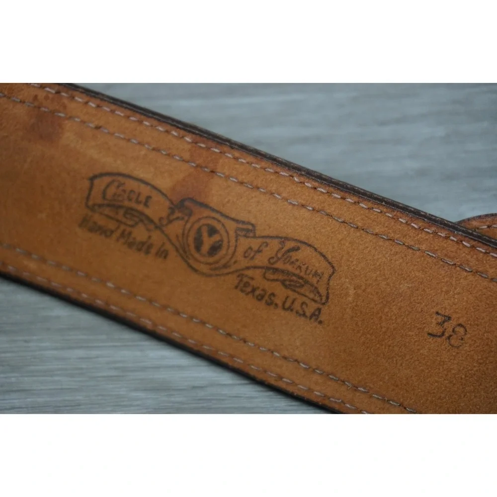 Vintage Yoakum Texas Tooled Custom Floral Leather Belt Brown Tan Western Cowboy